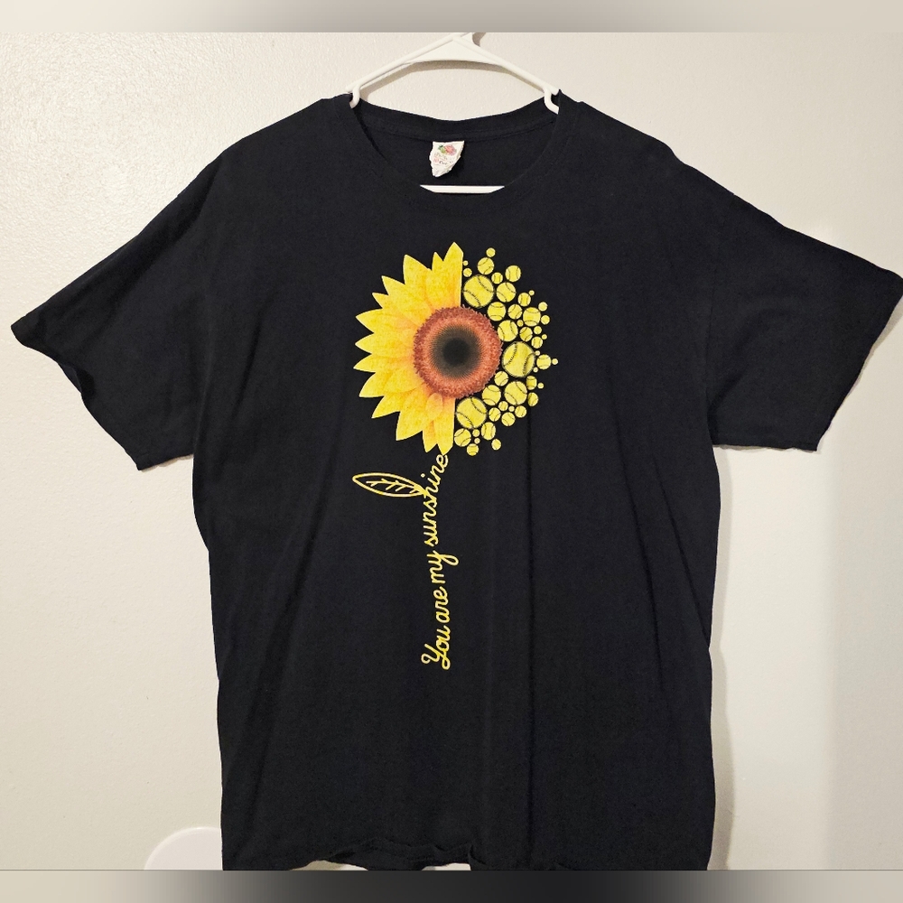 Black T-Shirt with Sunflower/Softball Graphic - Size Large